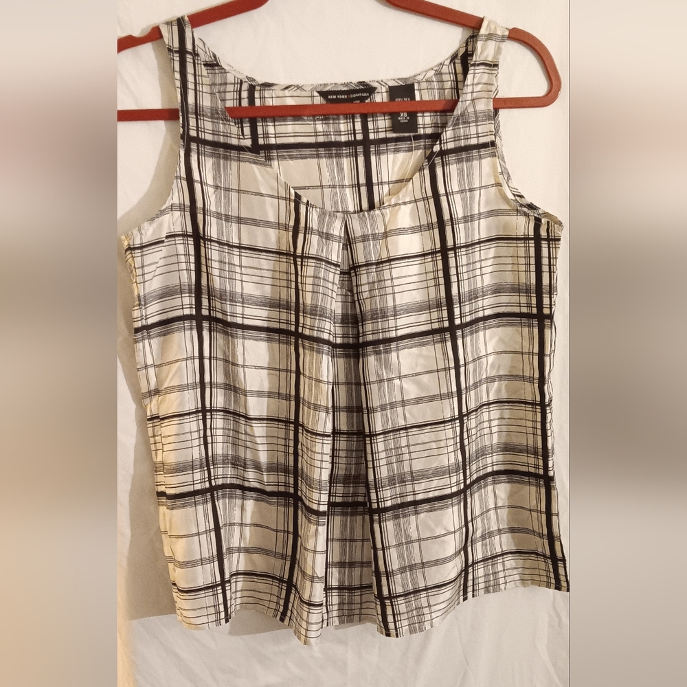 New York & Company Black and White Checkered Silk Blouse